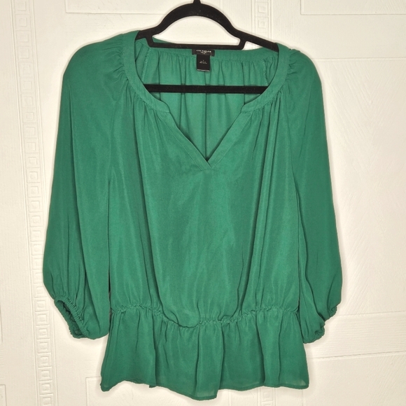 Ann Taylor Kelly Green Pleated Smocked Peplum Balloon Sleeve Blouse Sz S EUC - Picture 1 of 11